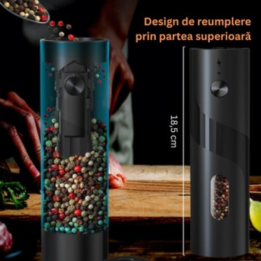 Set 2 rasnite electrice pentru sare si piper, Reincarcabile, Cablu USB, lumina LED, Perie curatare, Stand pentru incarcare sd1