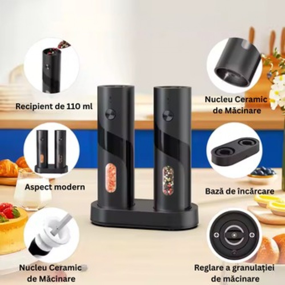 Set 2 rasnite electrice pentru sare si piper, Reincarcabile, Cablu USB, lumina LED, Perie curatare, Stand pentru incarcare sd1