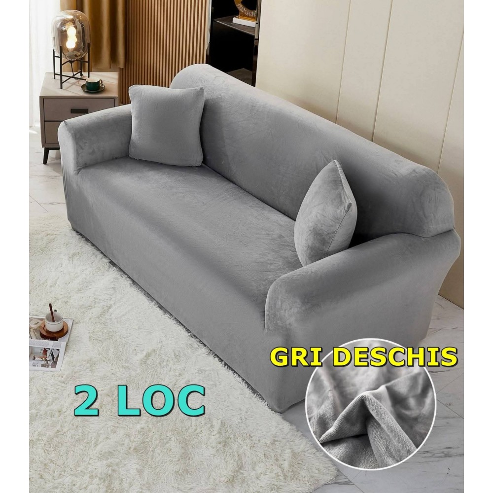 Husa de Canapea din Catifea 2 Locuri , GRI DESCHIS HUSE ELASTICE CATIFEA FOTOLII,CANAPELE SI COLTARE