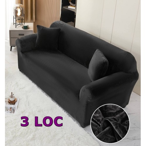 Husa de Canapea din Catifea 3 Locuri , NEGRU