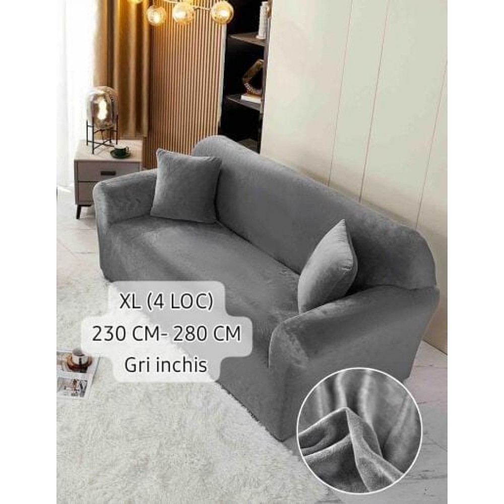 Husa de Canapea din Catifea  4 Locuri , GRI INCHIS HUSE ELASTICE CATIFEA FOTOLII,CANAPELE SI COLTARE