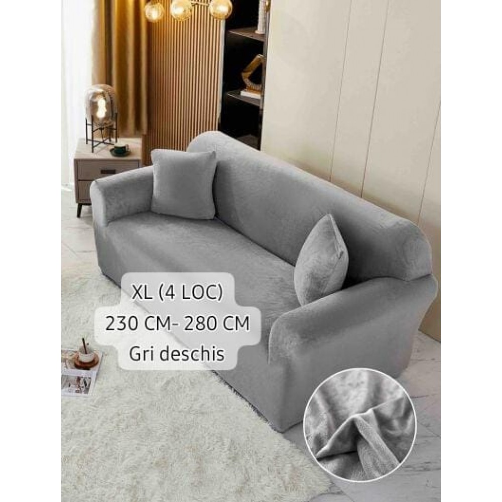 Husa de Canapea din Catifea  4 Locuri , GRI DESCHIS HUSE ELASTICE CATIFEA FOTOLII,CANAPELE SI COLTARE