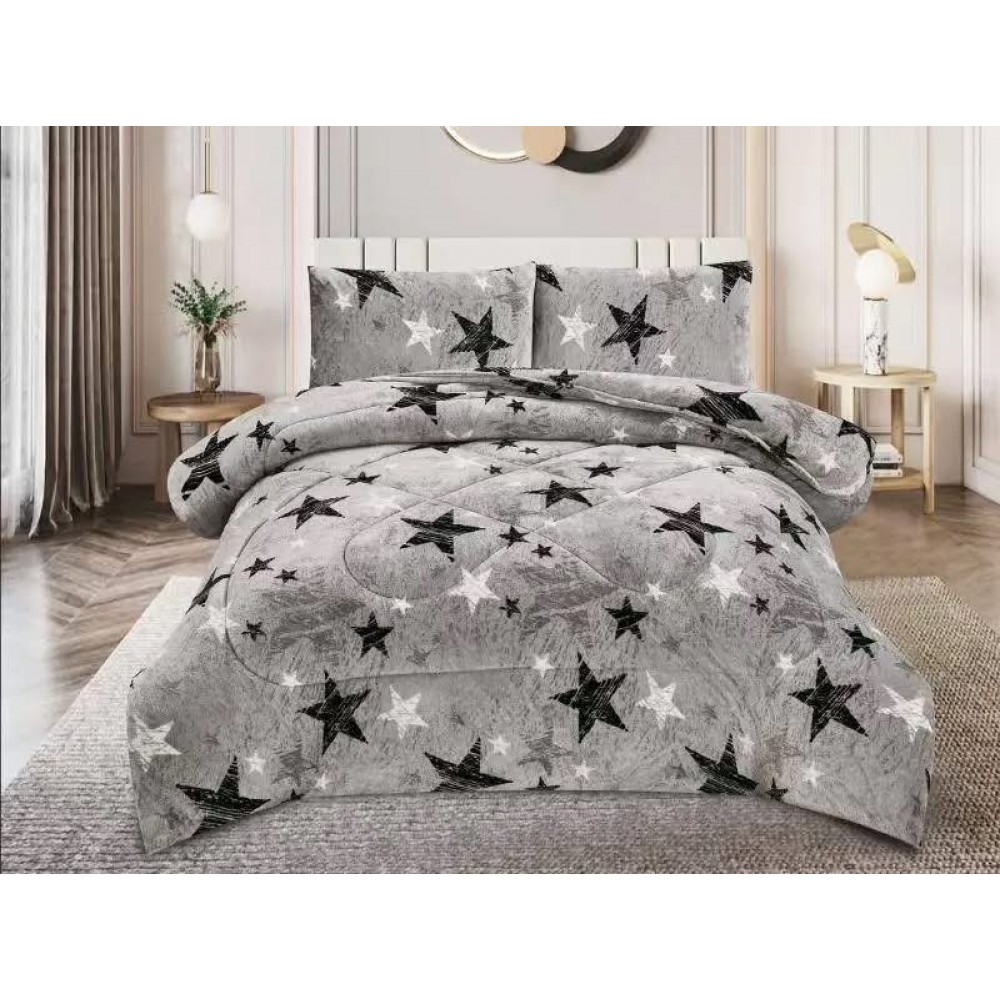 Pilota cocolino cu blăniță 200x230 și 2 fețe de pernă 50x70 gri cu stele negre   pcsz6 PILOTE COCOLINO 3 PIESE