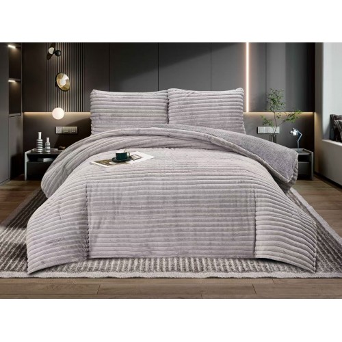 Pilota cocolino cu blăniță 200x230 și 2 fețe de pernă 50x75 dungi gri deschis   pcsz9