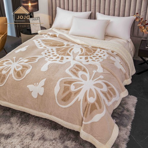 Pătură Cocolino 3D cu Blăniță – Moale, Călduroasă și Elegantă, Imprimeu Fluture, 200×230 cm-Bej PBFJ2