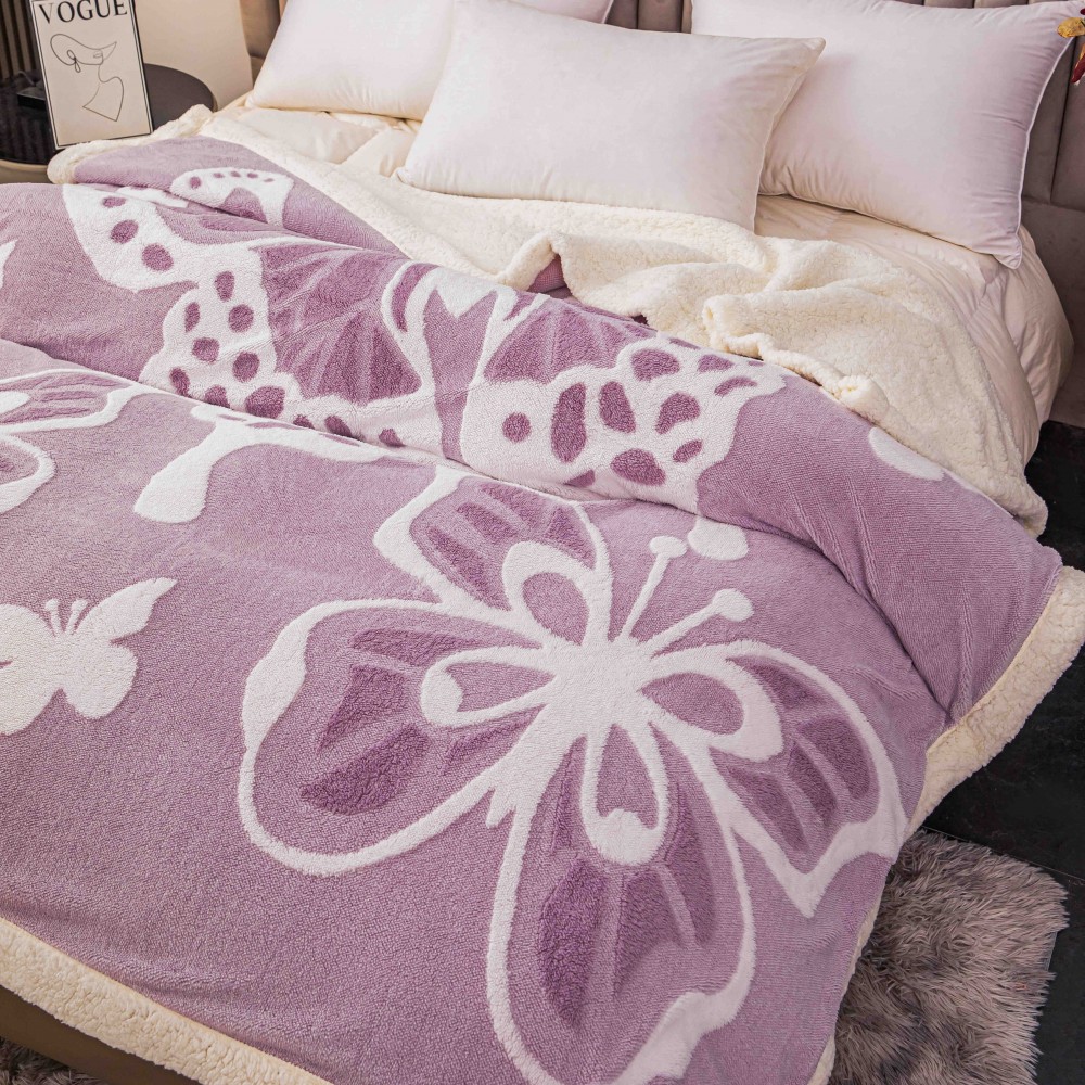 Pătură Cocolino 3D cu Blăniță – Moale, Călduroasă și Elegantă, Imprimeu Fluture, 200×230 cm-Lila PBFJ8 PATURI FLUTURI 3D