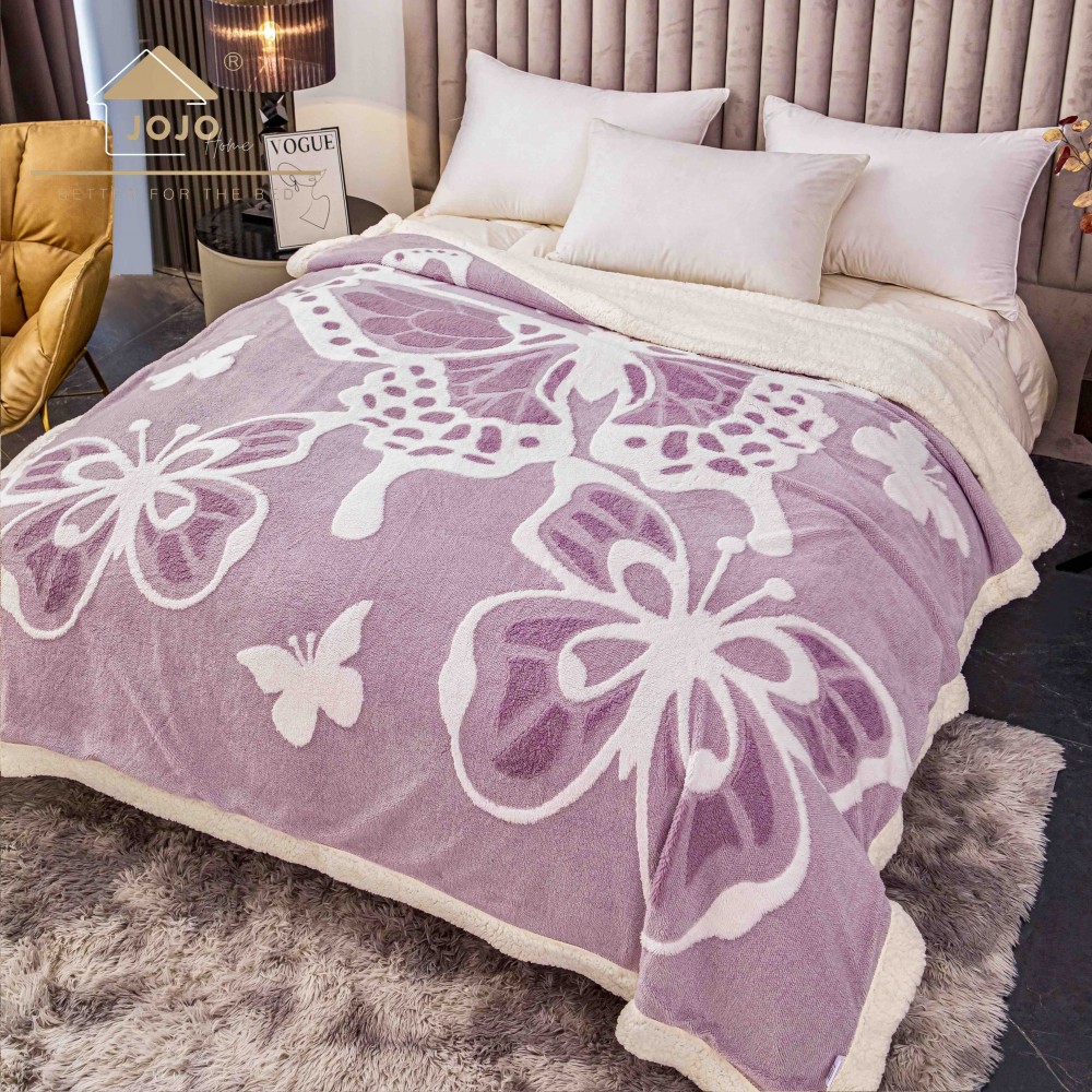 Pătură Cocolino 3D cu Blăniță – Moale, Călduroasă și Elegantă, Imprimeu Fluture, 200×230 cm-Lila PBFJ8 PATURI FLUTURI 3D