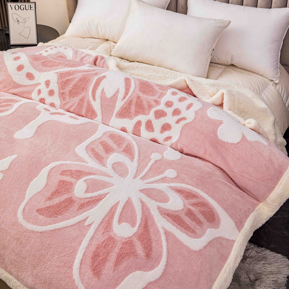 Pătură Cocolino 3D cu Blăniță – Moale, Călduroasă și Elegantă, Imprimeu Fluture, 200×230 cm-Roz PBFJ9 PATURI FLUTURI 3D