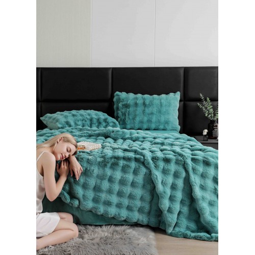 Lenjerie pat dublu, ExtraPufoasa, din Blanita artificiala de Iepure, 6 piese, Jojo Home LCBI01 ,TURQOISE