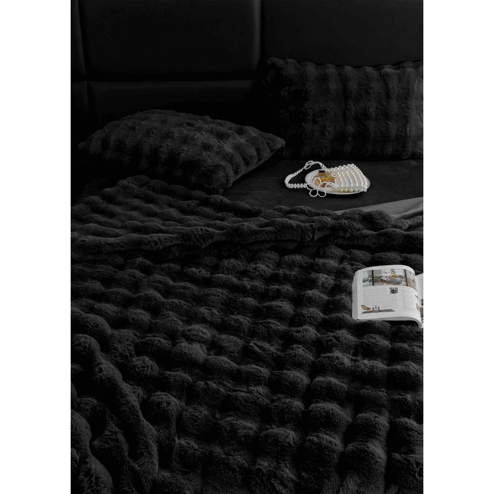 Lenjerie pat dublu, ExtraPufoasa, din Blanita artificiala de Iepure, 6 piese, Jojo Home LCBI05.,  NEGRU LENJERII BLANITA ARTIFICIALA IEPURE 6 PIESE