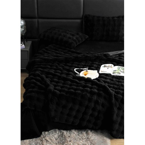 Lenjerie pat dublu, ExtraPufoasa, din Blanita artificiala de Iepure, 6 piese, Jojo Home LCBI05.,  NEGRU