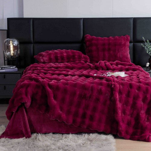 Lenjerie pat dublu, ExtraPufoasa, din Blanita artificiala de Iepure, 6 piese, Jojo Home LCBI05,  BORDO