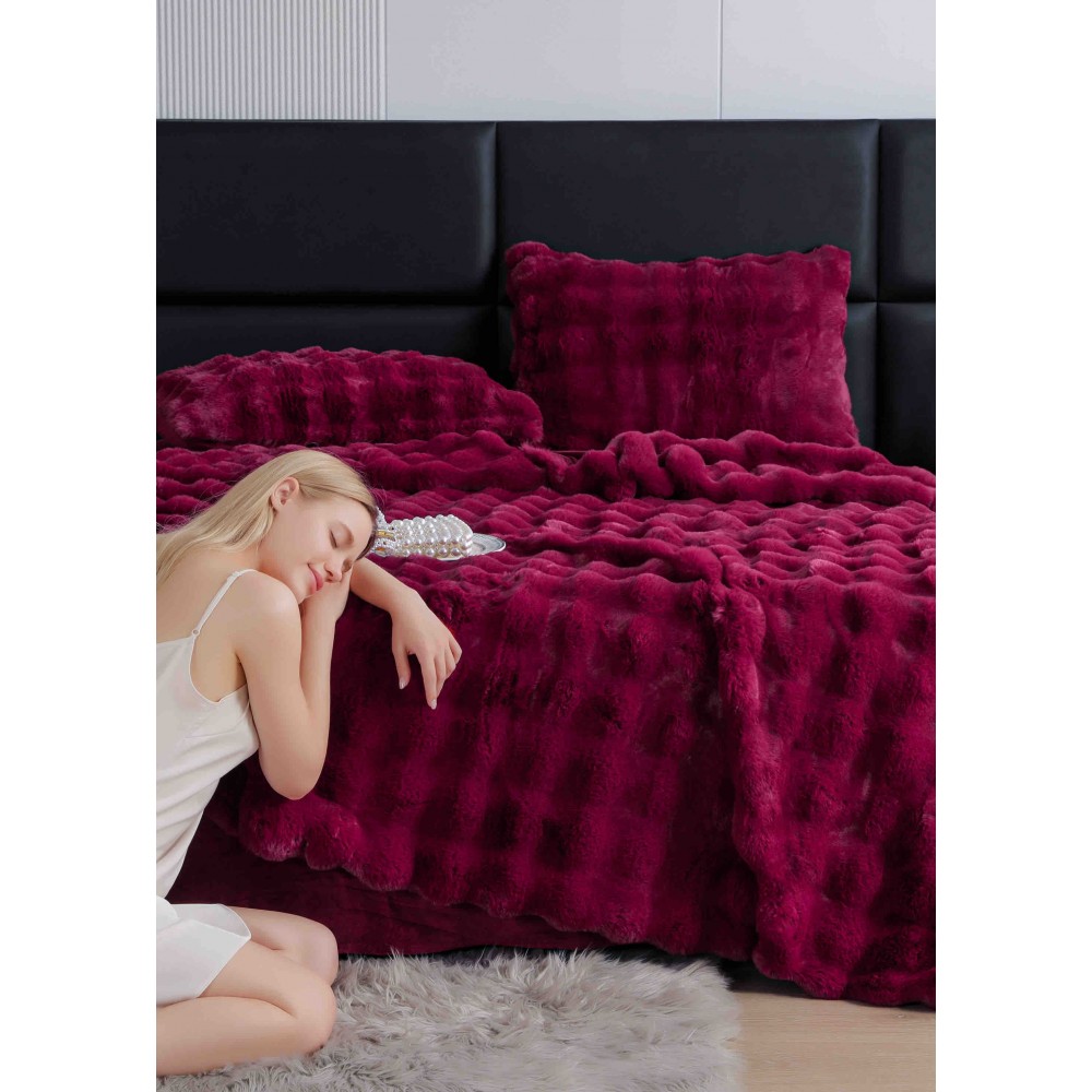 Lenjerie pat dublu, ExtraPufoasa, din Blanita artificiala de Iepure, 6 piese, Jojo Home LCBI05,  BORDO LENJERII BLANITA ARTIFICIALA IEPURE 6 PIESE