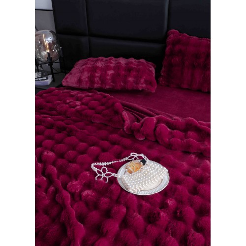 Lenjerie pat dublu, ExtraPufoasa, din Blanita artificiala de Iepure, 6 piese, Jojo Home LCBI05,  BORDO