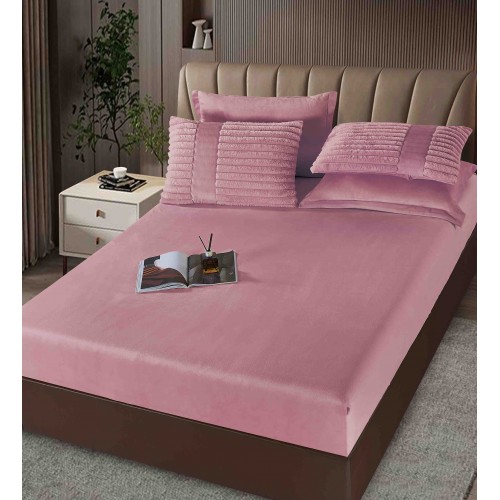 Lenjerie de pat cu Pilota Inclusa , Cearceaf cu Elastic, 6 Piese, Blană de Iepure Artificială,ROZ PUDRA,PBI01