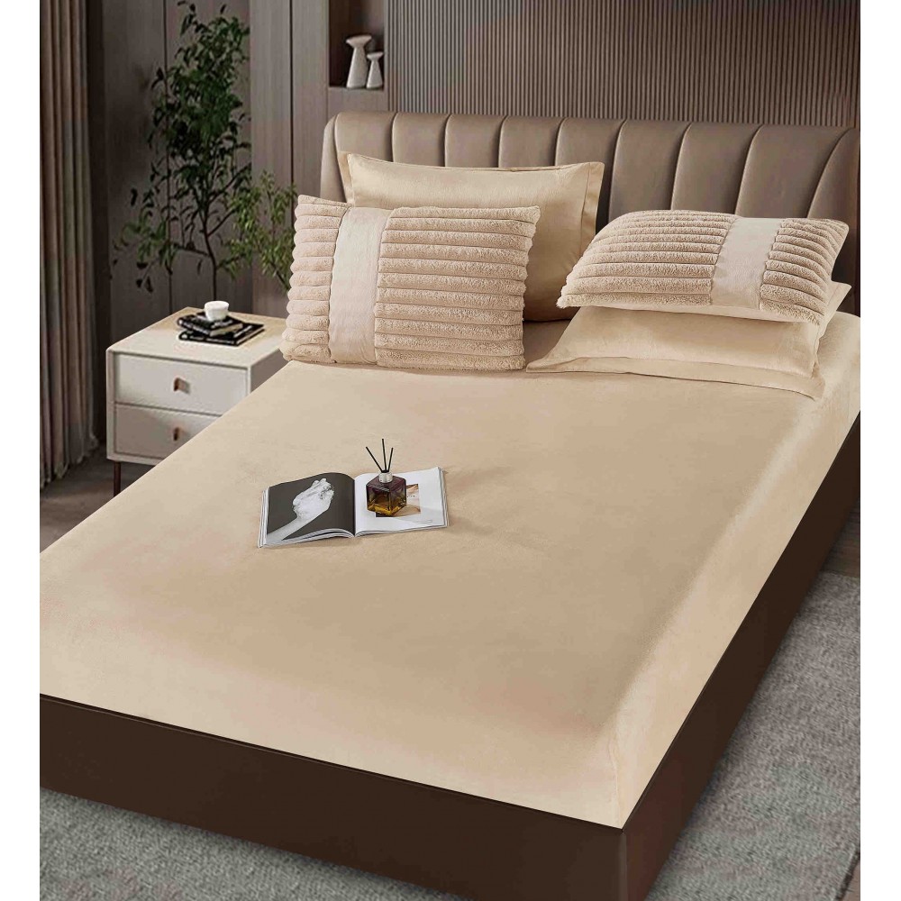 Lenjerie de pat cu Pilota Inclusa , Cearceaf cu Elastic, 6 Piese, Blană de Iepure Artificială,CAPPUCCINO,PBI02 PILOTE BLANA IEPURE