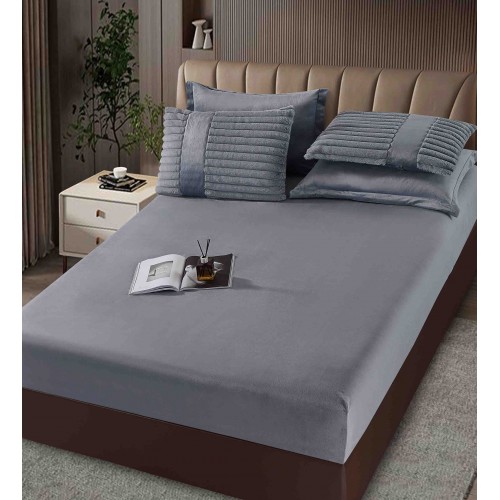 Lenjerie de pat cu Pilota Inclusa , Cearceaf cu Elastic, 6 Piese, Blană de Iepure Artificială,GRI DESCHIS,PBI03