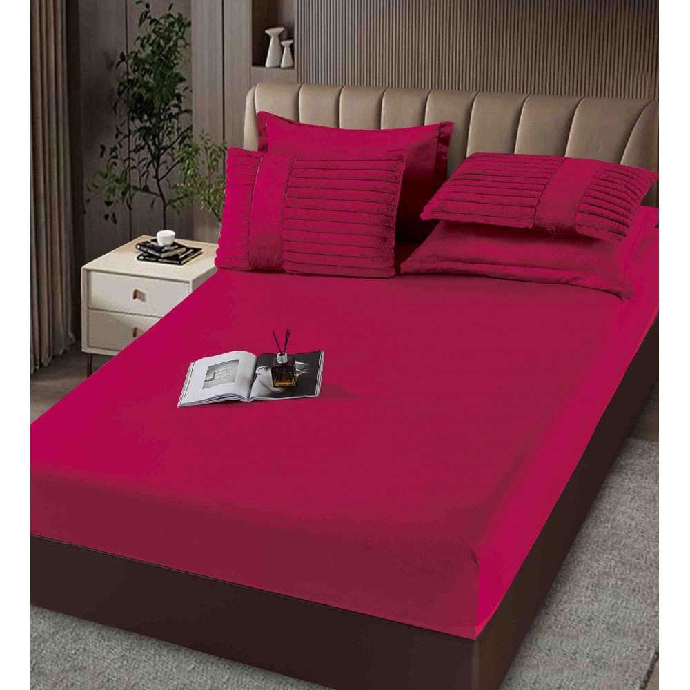 Lenjerie de pat cu Pilota Inclusa , Cearceaf cu Elastic, 6 Piese, Blană de Iepure Artificială,VISINIU-FUCSIA,PBI05 PILOTE BLANA IEPURE