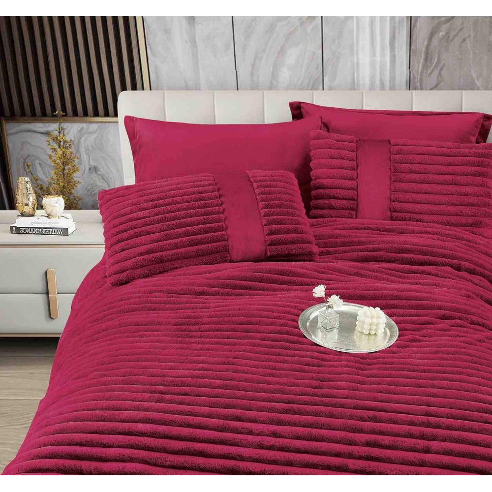 Lenjerie de pat cu Pilota Inclusa , Cearceaf cu Elastic, 6 Piese, Blană de Iepure Artificială,VISINIU-FUCSIA,PBI05 PILOTE BLANA IEPURE