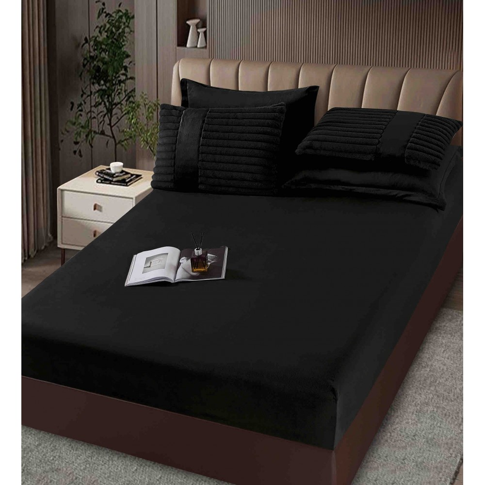 Lenjerie de pat cu Pilota Inclusa , Cearceaf cu Elastic, 6 Piese, Blană de Iepure Artificială,NEGRU ,PBI06 PILOTE BLANA IEPURE