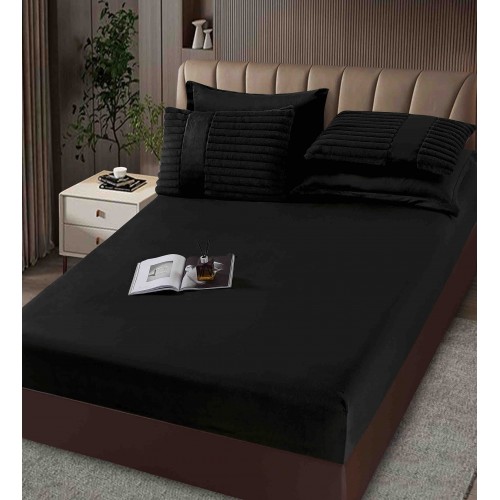 Lenjerie de pat cu Pilota Inclusa , Cearceaf cu Elastic, 6 Piese, Blană de Iepure Artificială,NEGRU ,PBI06