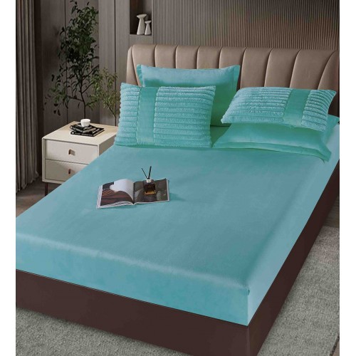 Lenjerie de pat cu Pilota Inclusa , Cearceaf cu Elastic, 6 Piese, Blană de Iepure Artificială,TURQOISE,PBI07