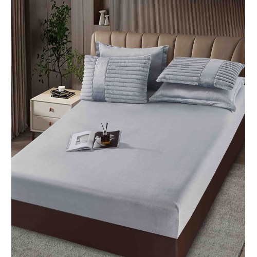 Lenjerie de pat cu Pilota Inclusa , Cearceaf cu Elastic, 6 Piese, Blană de Iepure Artificială,GRI DESCHIS,PBI09