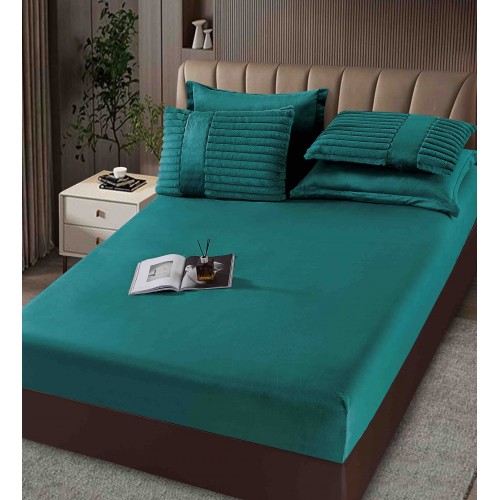 Lenjerie de pat cu Pilota Inclusa , Cearceaf cu Elastic, 6 Piese, Blană de Iepure Artificială,VERDE,PBI10