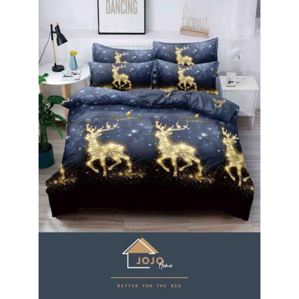 Lenjerie pat dublu, FINET, 6 piese, cu ELASTIC, Craciun, Jojo Home CE2 LENJERII 6 PIESE