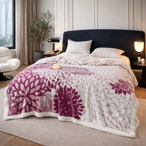 Pătură groasă cocolino 200*230  cu blană sherpa, model floral, dublă, pentru pat, multicolor PCM1