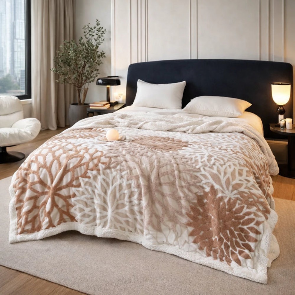 Pătură groasă cocolino 200*230  cu blană sherpa, model floral, dublă, pentru pat, multicolor PCM3 Paturi cocolino cu blanita