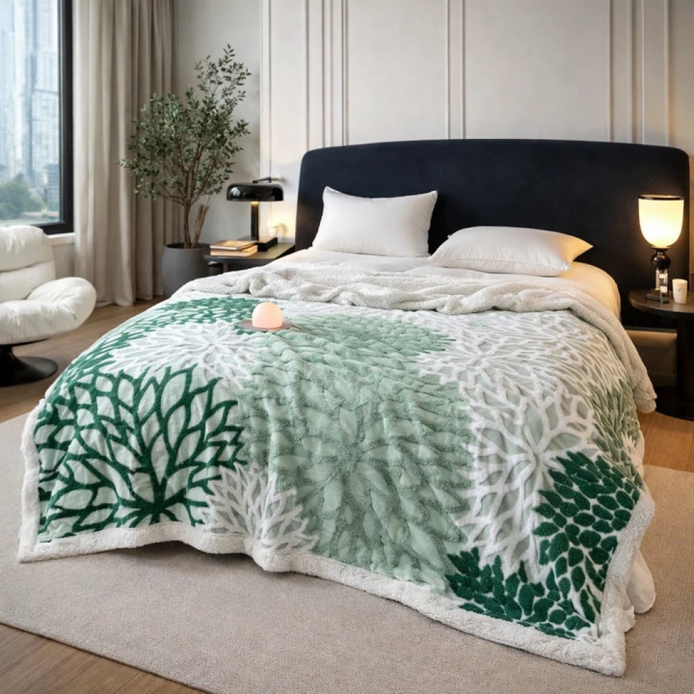 Pătură groasă cocolino 200*230  cu blană sherpa, model floral, dublă, pentru pat, multicolor PCM4 Paturi cocolino cu blanita
