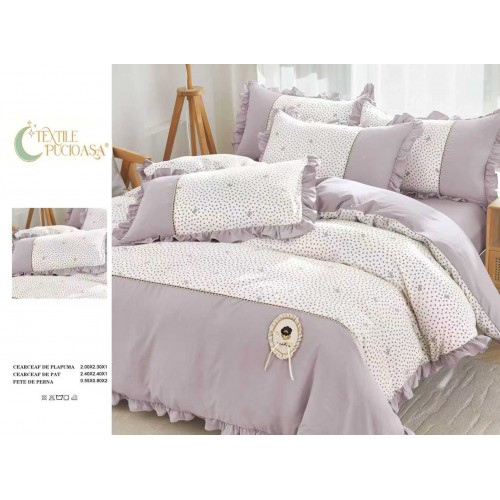 Lenjerie de pat Premium cu volănașe – model floral lila , pat dublu, 4 piese, 200x230 cod  LVB1