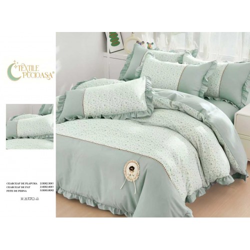 Lenjerie de pat Premium cu volănașe – model floral verde mentă, 6 piese LVB2