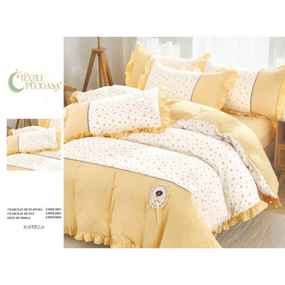 Lenjerie de pat Premium cu volănașe – model floral, GALBEN , 6 piese LVB3 LENJERII DIN FINET 4 PIESE CU VOLANE