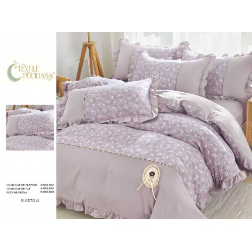 Lenjerie de pat Premium cu volănașe – model floral, , 6 piese LVB6