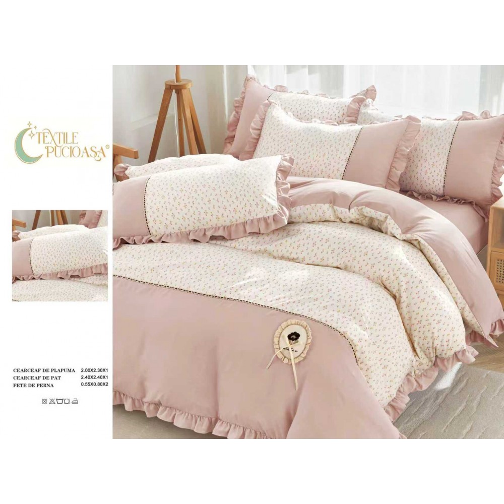 Lenjerie de pat Premium cu volănașe – model floral, , 6 piese LVB7 LENJERII DIN FINET 4 PIESE CU VOLANE