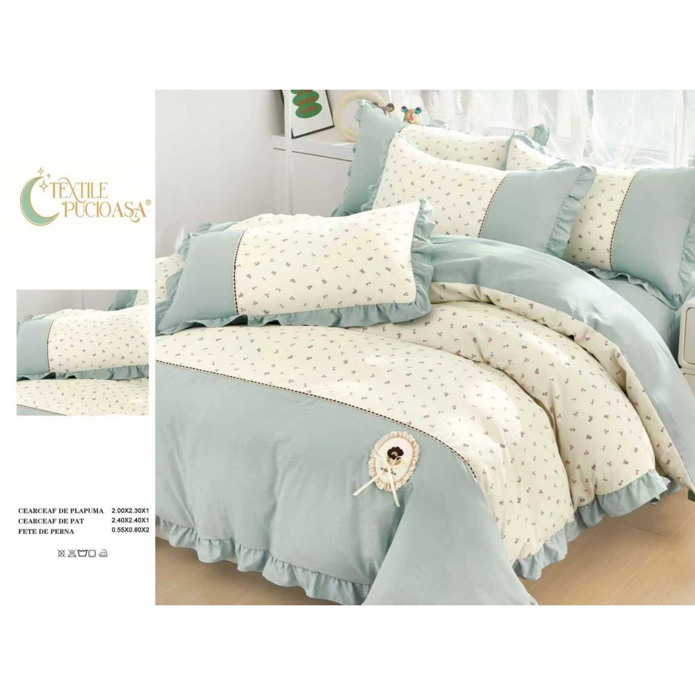 Lenjerie de pat Premium cu volănașe – model floral, , 6 piese LVB8 LENJERII DIN FINET 4 PIESE CU VOLANE