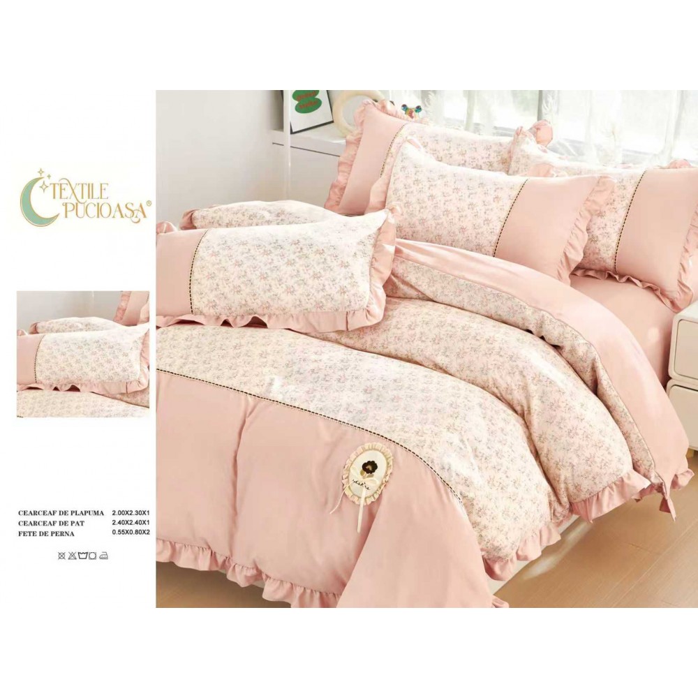 Lenjerie de pat Premium cu volănașe – model floral, , 6 piese LVB11 LENJERII DIN FINET 4 PIESE CU VOLANE