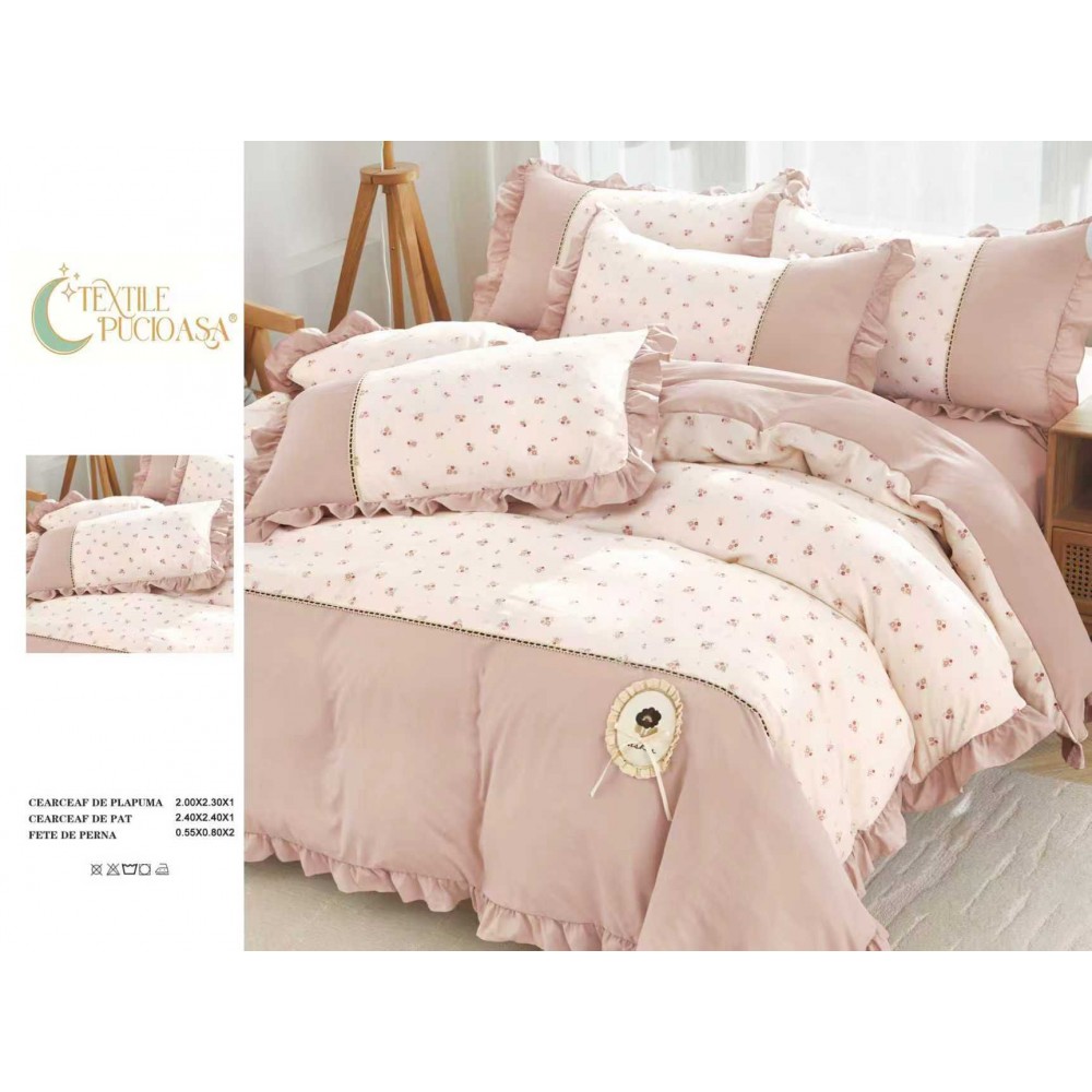 Lenjerie de pat Premium cu volănașe – model floral, , 6 piese LVB13 LENJERII DIN FINET 4 PIESE CU VOLANE