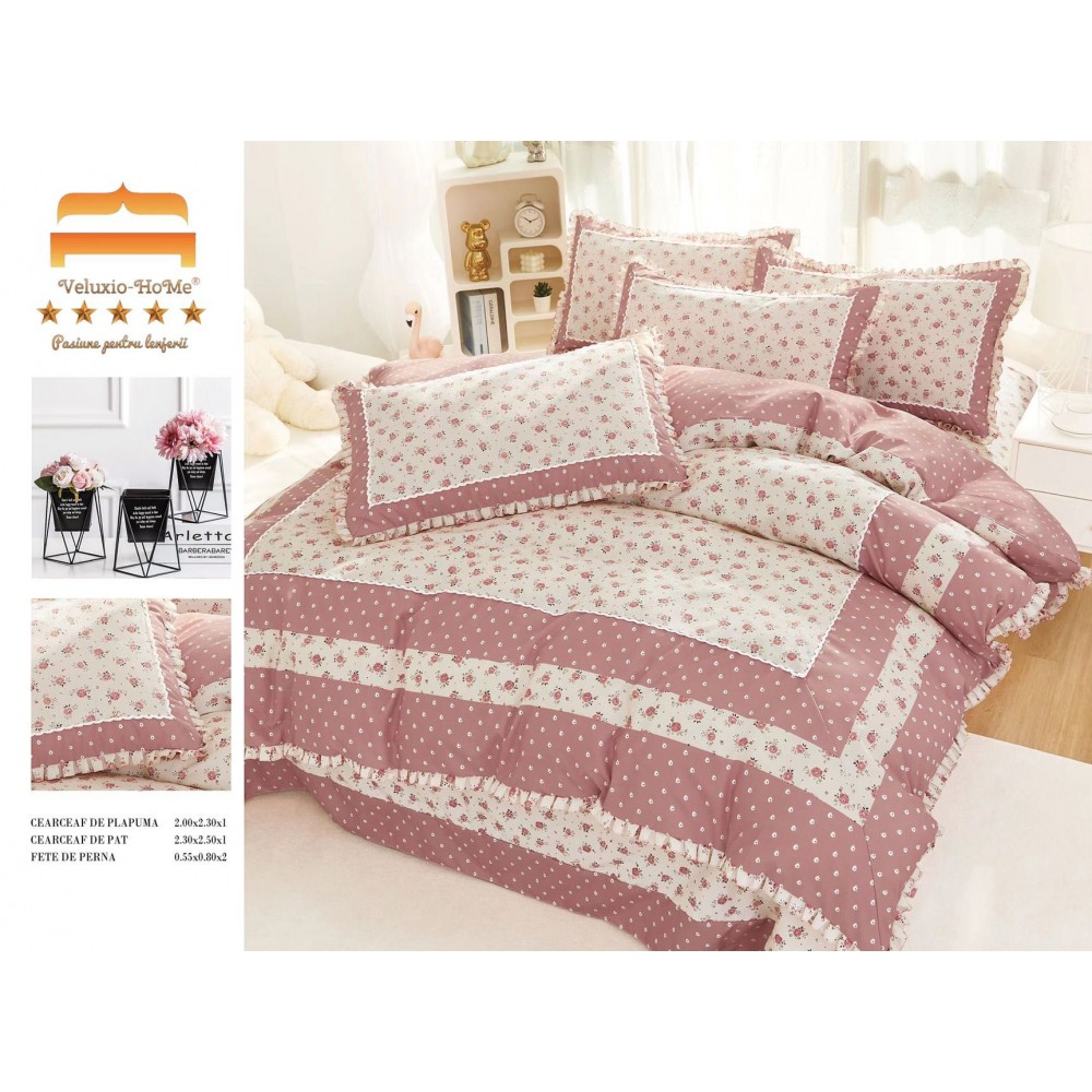 Lenjerie de pat 4 piese dublu Deluxe din Bumbac Soft Touch cu Volanase, VOL1 LENJERII DIN FINET 4 PIESE CU VOLANE