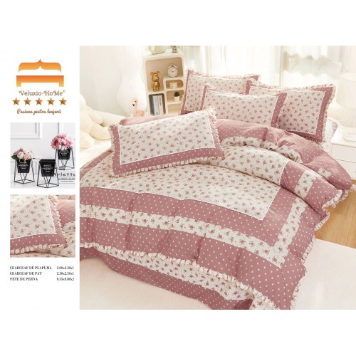 Lenjerie de pat 4 piese dublu Deluxe din Bumbac Soft Touch cu Volanase, VOL1
