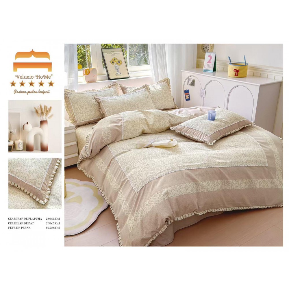 Lenjerie de pat 4 piese dublu Deluxe din Bumbac Soft Touch cu Volanase, VOL3 LENJERII DIN FINET 4 PIESE CU VOLANE