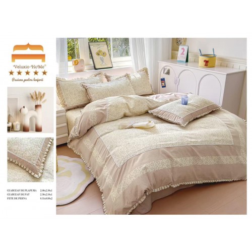 Lenjerie de pat 4 piese dublu Deluxe din Bumbac Soft Touch cu Volanase, VOL3