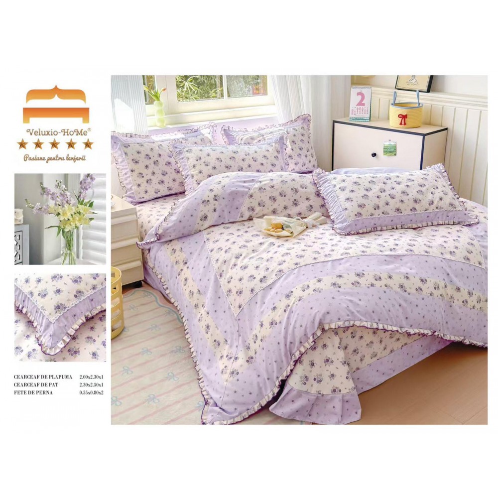 Lenjerie de pat 4 piese dublu Deluxe din Bumbac Soft Touch cu Volanase, VOL4 LENJERII DIN FINET 4 PIESE CU VOLANE