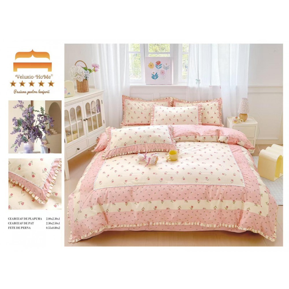 Lenjerie de pat 4 piese dublu Deluxe din Bumbac Soft Touch cu Volanase, VOL5 LENJERII DIN FINET 4 PIESE CU VOLANE