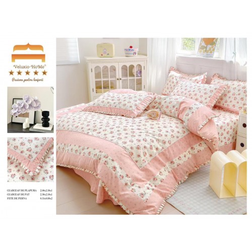 Lenjerie de pat 4 piese dublu Deluxe din Bumbac Soft Touch cu Volanase, VOL6