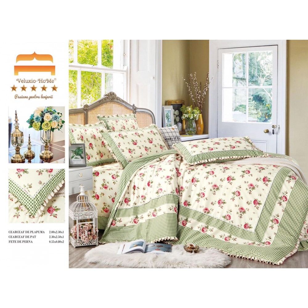 Lenjerie de pat 4 piese dublu Deluxe din Bumbac Soft Touch cu Volanase, VOL8 LENJERII DIN FINET 4 PIESE CU VOLANE