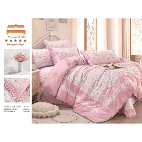 Lenjerie de pat 4 piese dublu Deluxe din Bumbac Soft Touch cu Volanase, VOL9