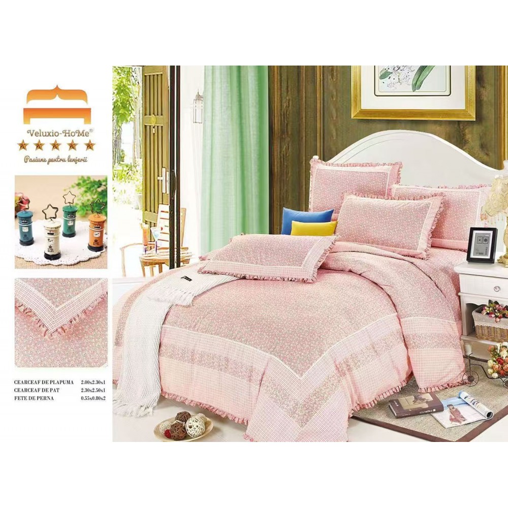 Lenjerie de pat 4 piese dublu Deluxe din Bumbac Soft Touch cu Volanase, VOL10 LENJERII DIN FINET 4 PIESE CU VOLANE